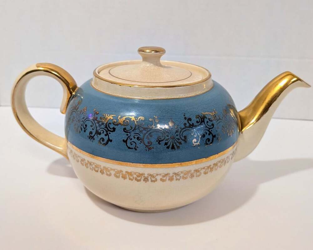 Vintage Sadler Ceramic Teapot Cream and Turquoise with Gold Trim Pattern 3382